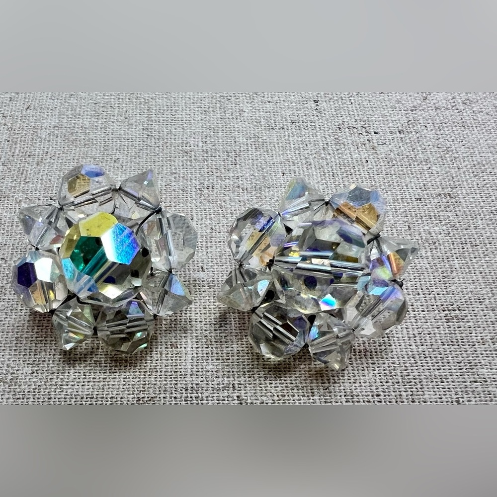 Vintage Aurora Borealis Beaded Clip-On Cluster Earrings